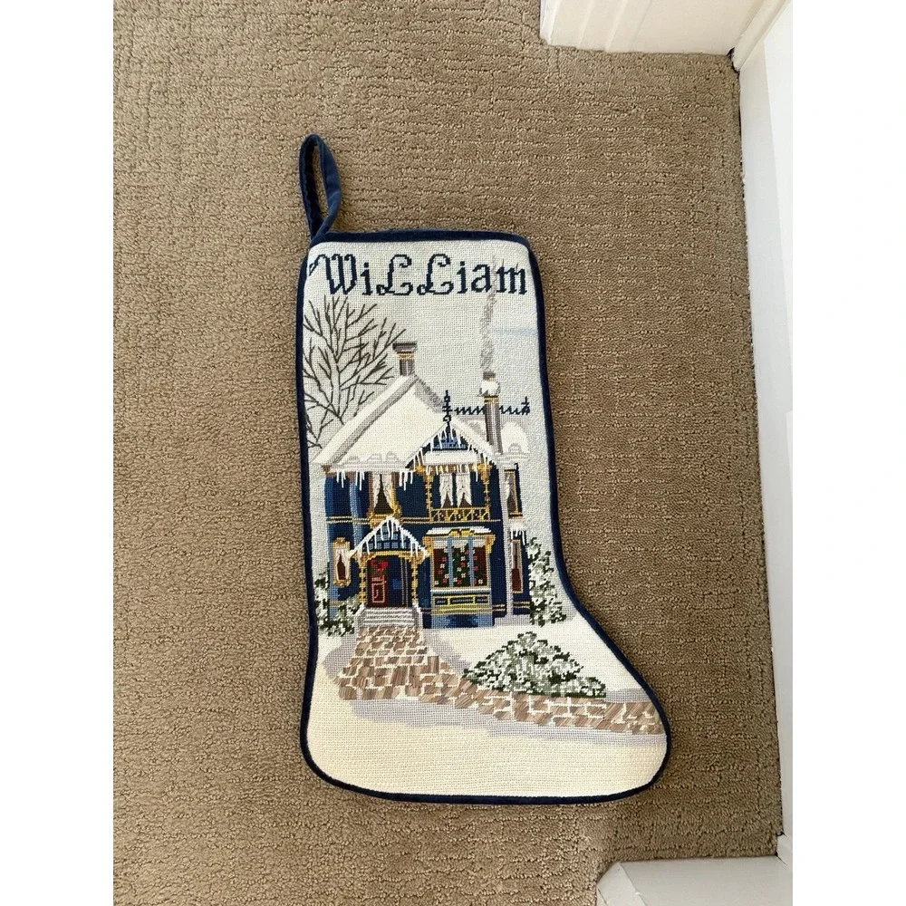 Vtg Needlepoint Stocking Christmas Blue Velvet Backed 20 